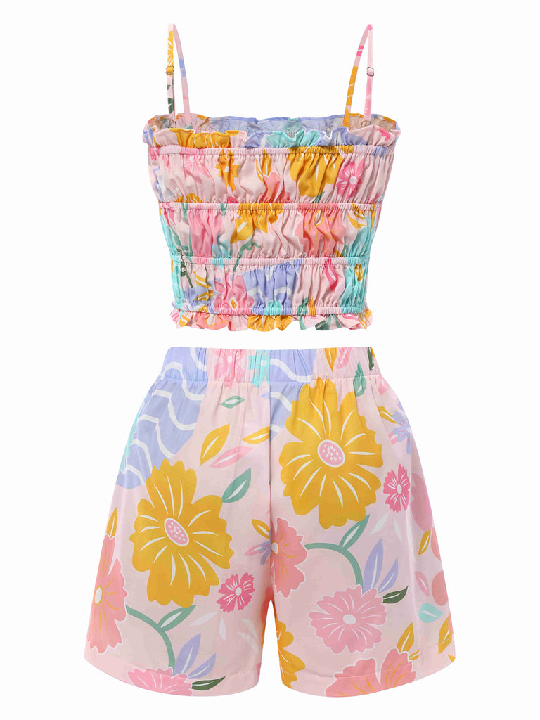 2PCS Pink 1960s Floral Print Ruffles Spaghetti Straps Camisole & Shorts