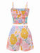 2PCS Pink 1960s Floral Print Ruffles Spaghetti Straps Camisole & Shorts