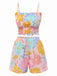 2PCS Pink 1960s Floral Print Ruffles Spaghetti Straps Camisole & Shorts