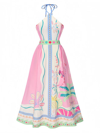 Pink 1970s Round Halter Tropical Boho Dress