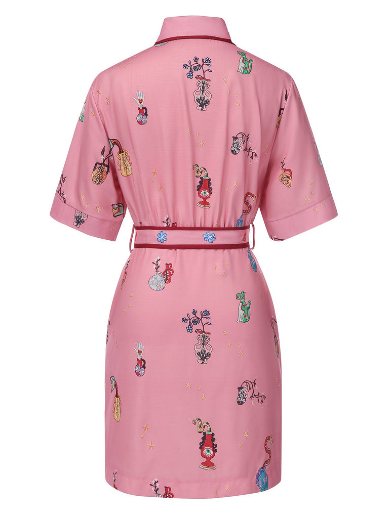 Pink 1960s Floral Print Lapel Belted Dress
