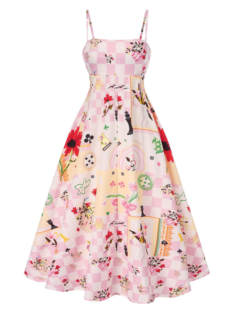 Multicolor 1940s Checkerboard Floral Spaghetti Straps Dress