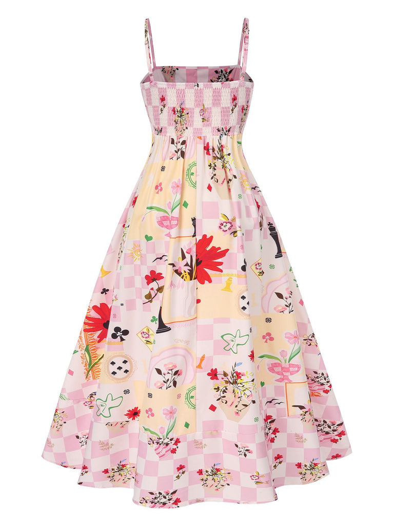 Multicolor 1940s Checkerboard Floral Spaghetti Straps Dress