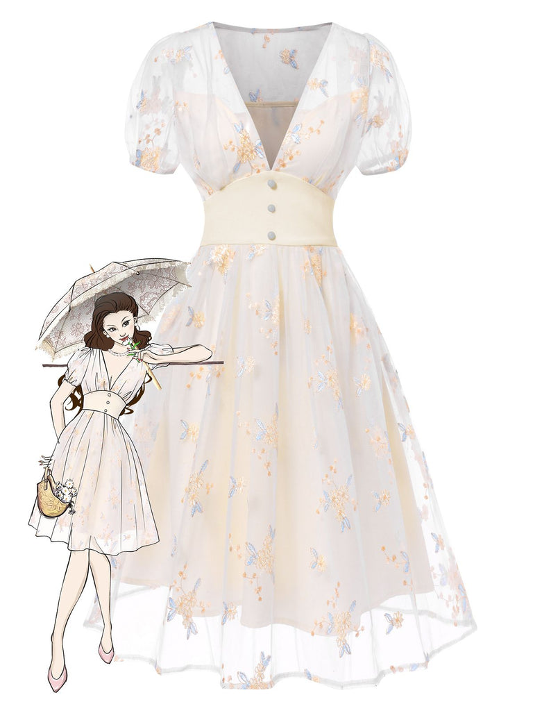 White 1950s Deep V-Neck Embroidered Floral Dress