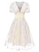 White 1950s Deep V-Neck Embroidered Floral Dress