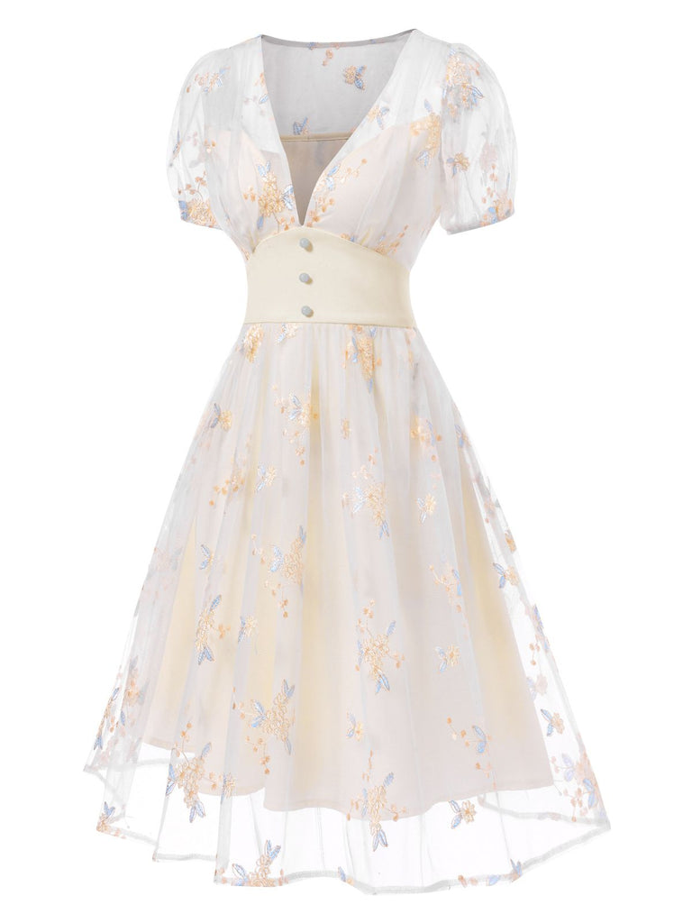 White 1950s Deep V-Neck Embroidered Floral Dress