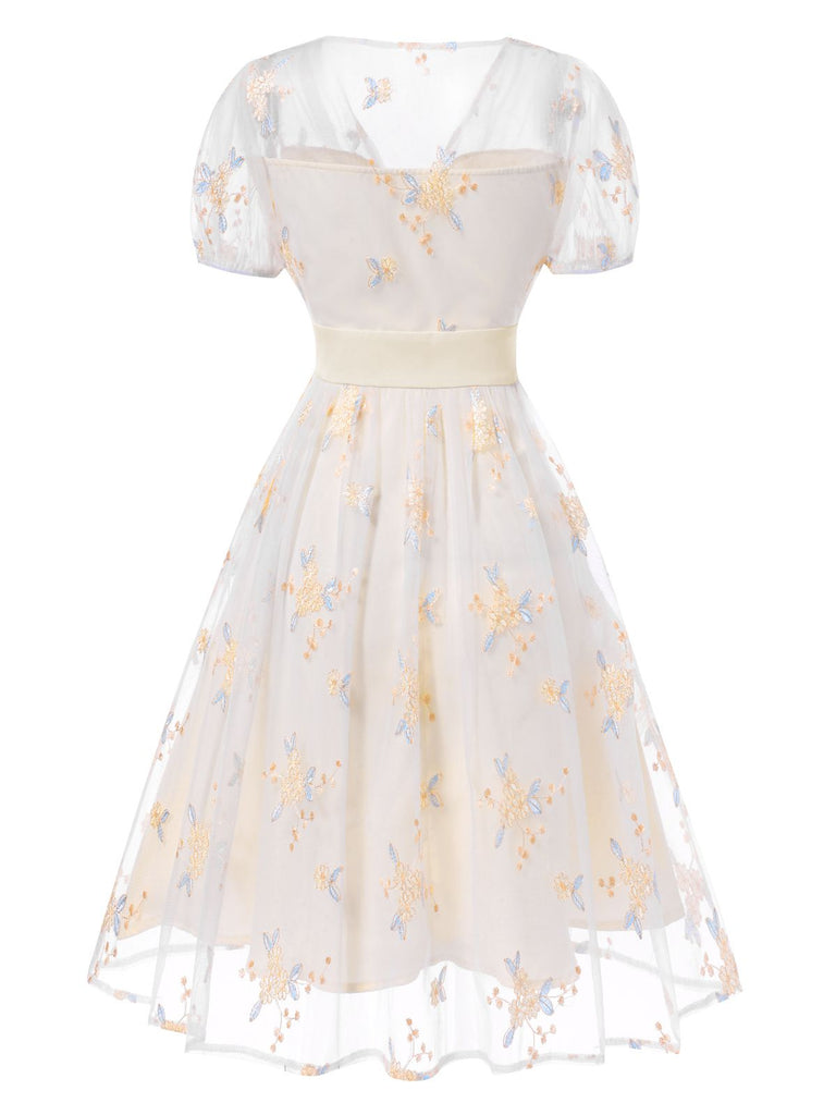 White 1950s Deep V-Neck Embroidered Floral Dress
