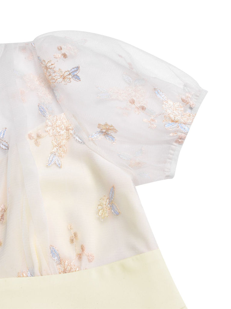 White 1950s Deep V-Neck Embroidered Floral Dress