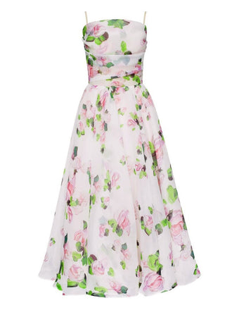 Multicolor 1940s Organza Floral Spaghetti Straps Dress