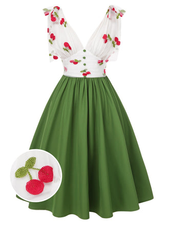 Green 1950s Cherry V-Neck Mesh Patchwork Dress