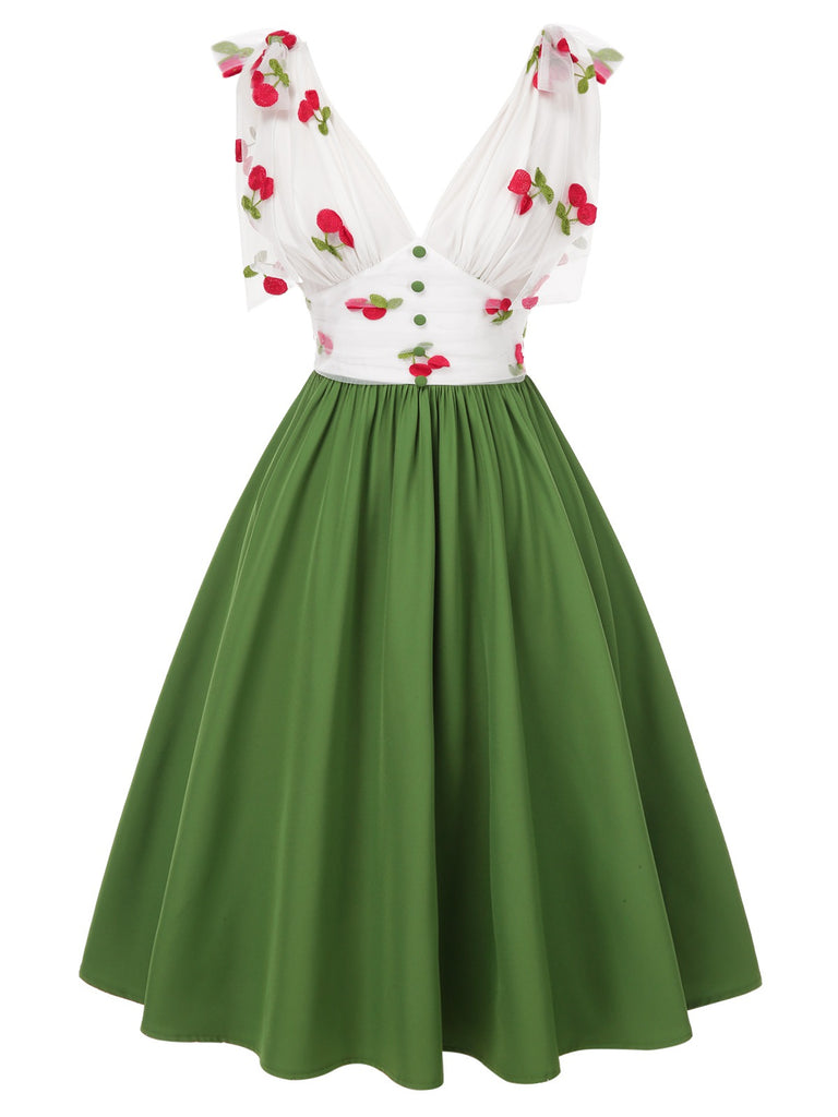 Green 1950s Cherry V-Neck Mesh Patchwork Dress