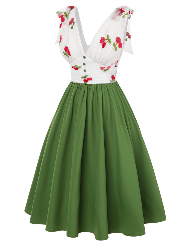 Green 1950s Cherry V-Neck Mesh Patchwork Dress