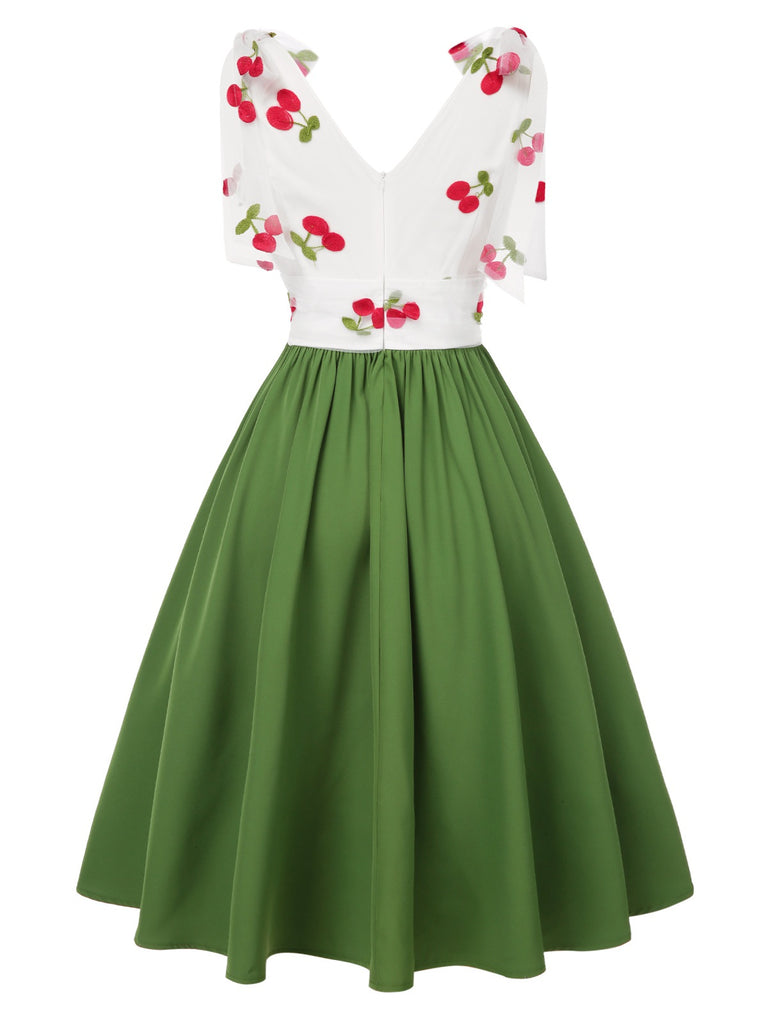 Green 1950s Cherry V-Neck Mesh Patchwork Dress