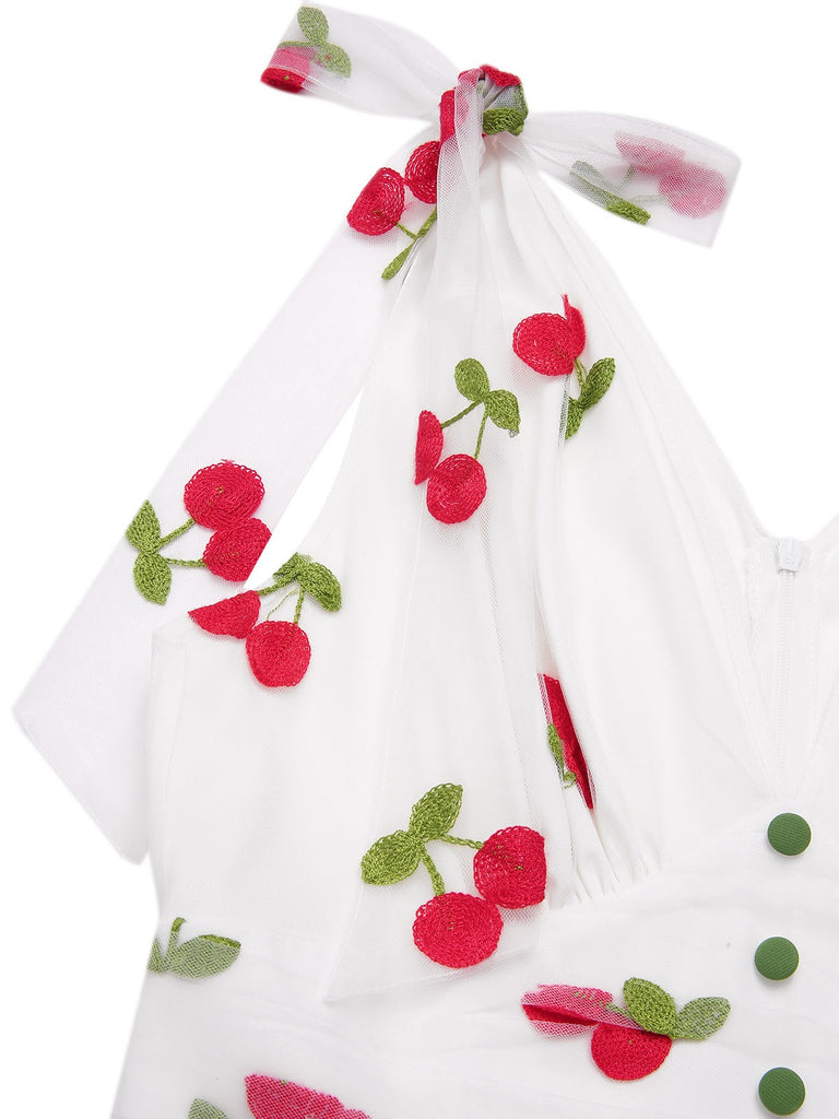 Green 1950s Cherry V-Neck Mesh Patchwork Dress
