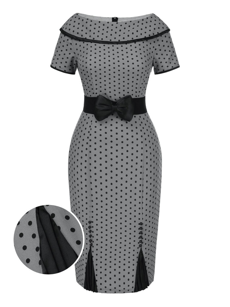 Gray 1960s Boat Neck Polka Dots Pencil Dress