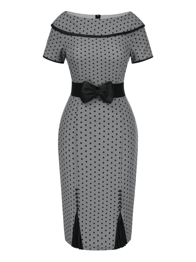 Gray 1960s Boat Neck Polka Dots Pencil Dress