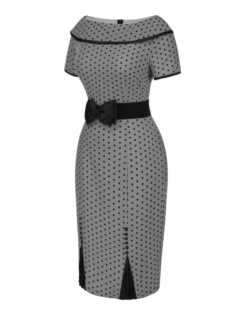 Gray 1960s Boat Neck Polka Dots Pencil Dress