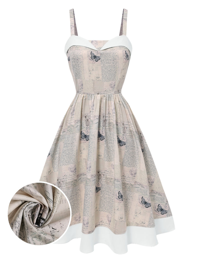 Khaki 1950s Newspaper Butterfly Patchwork Dress