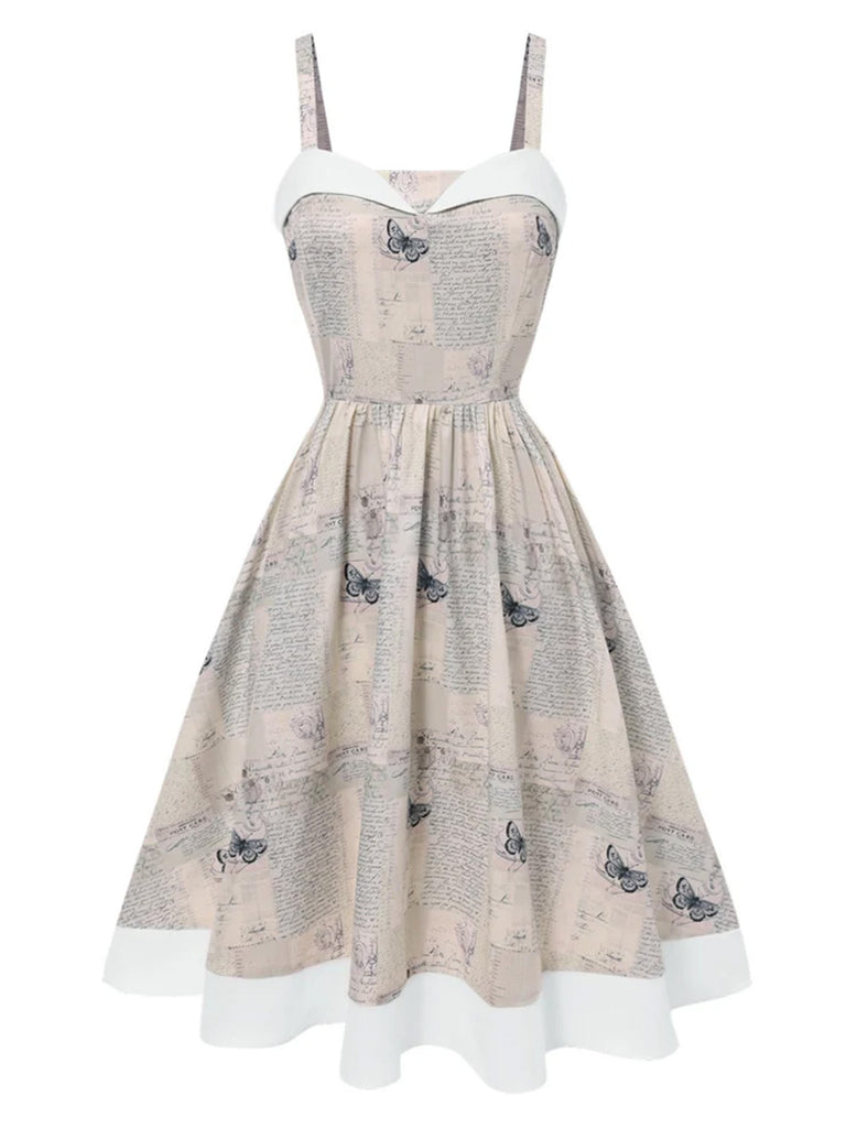 Khaki 1950s Newspaper Butterfly Patchwork Dress