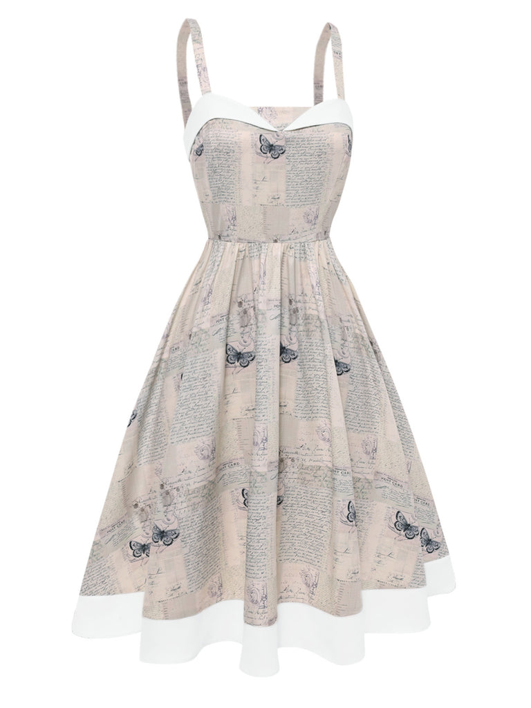 Khaki 1950s Newspaper Butterfly Patchwork Dress