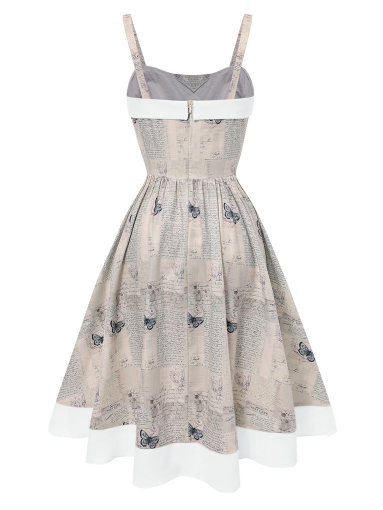 Khaki 1950s Newspaper Butterfly Patchwork Dress