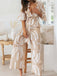 Khaki 1930s Geometric Printed Half Sleeves Lapel Jumpsuit