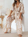 Khaki 1930s Geometric Printed Half Sleeves Lapel Jumpsuit