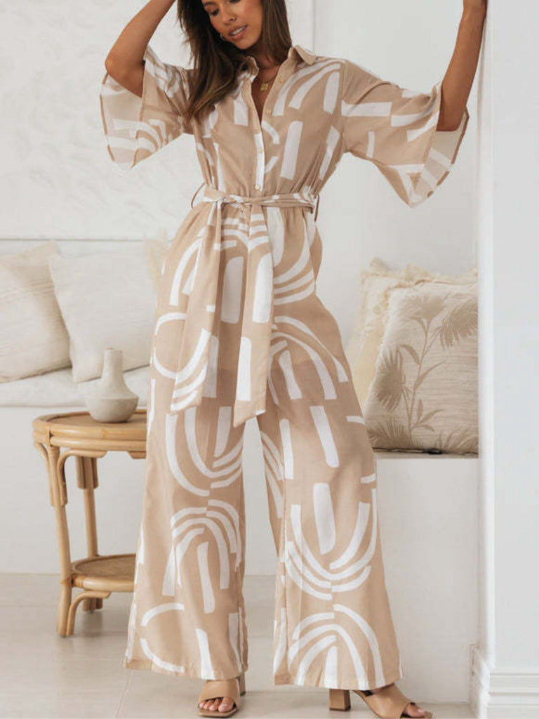 Khaki 1930s Geometric Printed Half Sleeves Lapel Jumpsuit