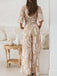 Khaki 1930s Geometric Printed Half Sleeves Lapel Jumpsuit