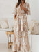 Khaki 1930s Geometric Printed Half Sleeves Lapel Jumpsuit
