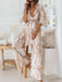 Khaki 1930s Geometric Printed Half Sleeves Lapel Jumpsuit