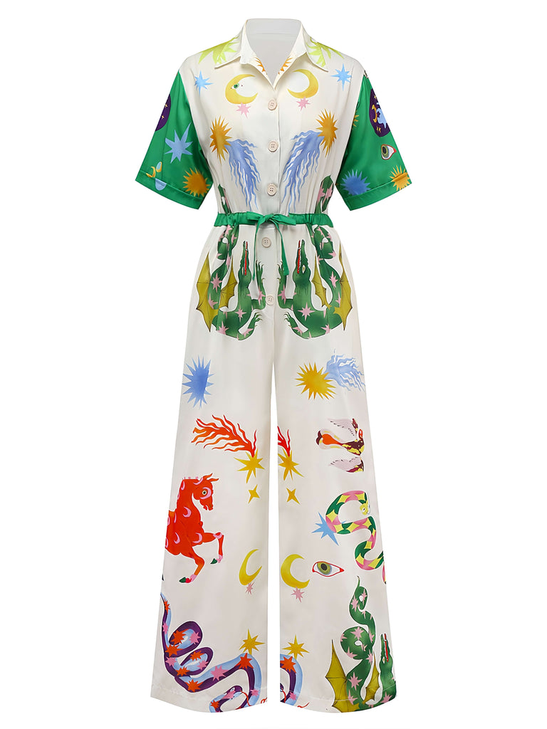 Multicolor 1930s Cartoon Animals Shirt Collar Jumpsuit
