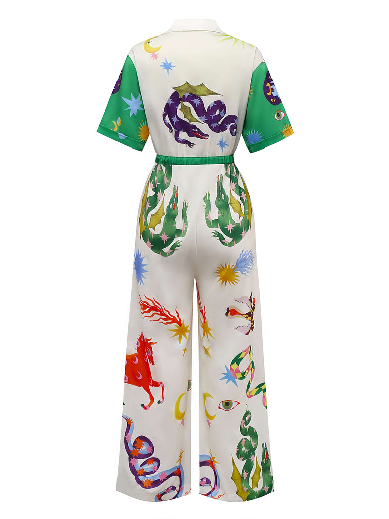 Multicolor 1930s Cartoon Animals Shirt Collar Jumpsuit