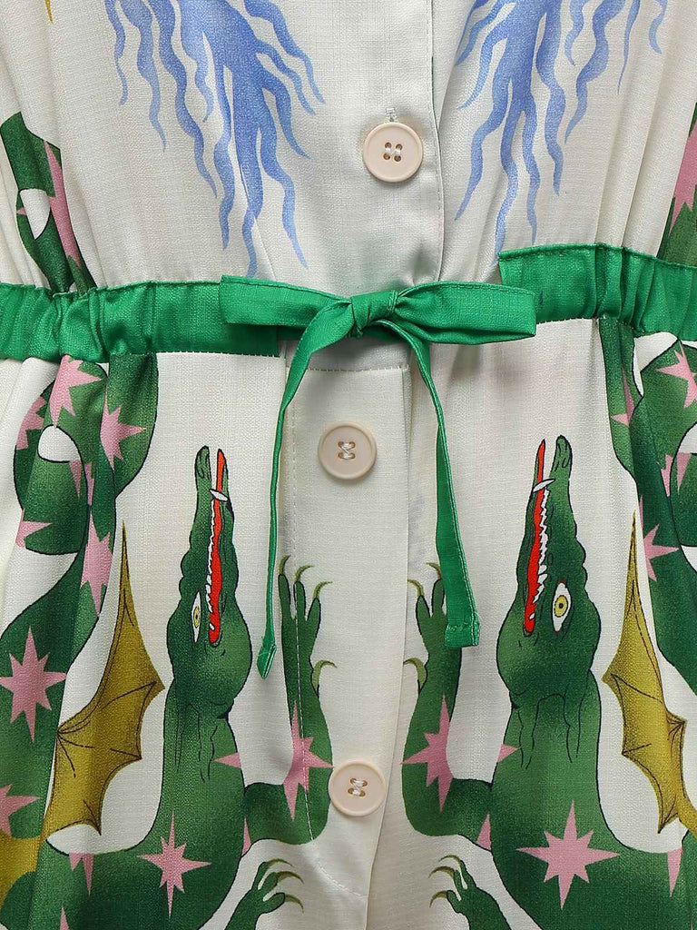 Multicolor 1930s Cartoon Animals Shirt Collar Jumpsuit