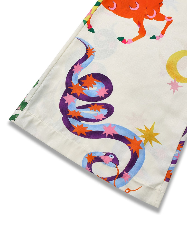 Multicolor 1930s Cartoon Animals Shirt Collar Jumpsuit