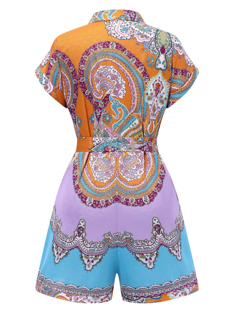 1970s Shirt Neck Paisley Print Belted Romper