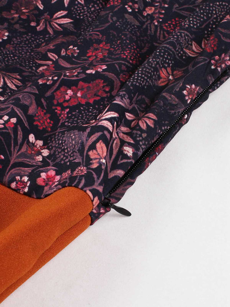 Brick Red 1950s Lapel Floral Patchwork Dress