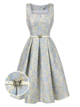 Light Blue 1950s Textured Floral Sleeveless Butterfly Dress