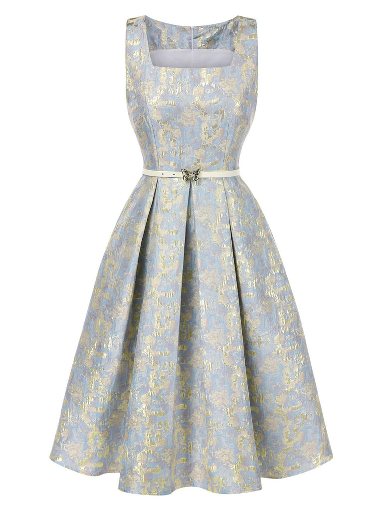 Light Blue 1950s Textured Floral Sleeveless Butterfly Dress
