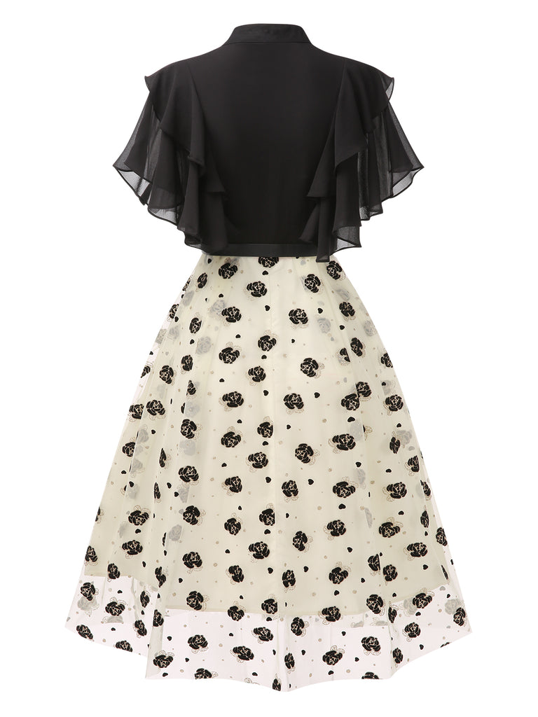 Black 1950s 3D Floral Ruffle A-line Dress