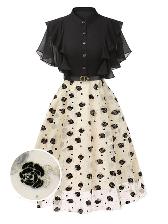 Black 1950s 3D Floral Ruffle A-line Dress