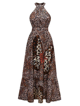 Brown 1930s Leopard Butterfly Round Halter Dress
