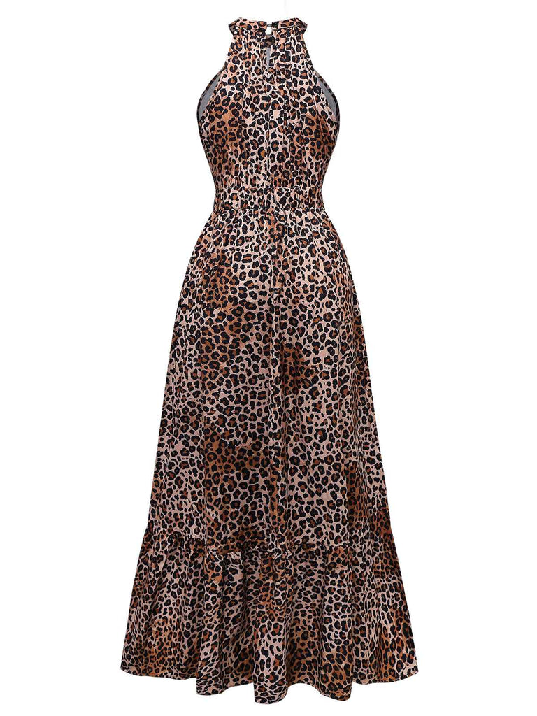 Brown 1930s Leopard Butterfly Round Halter Dress