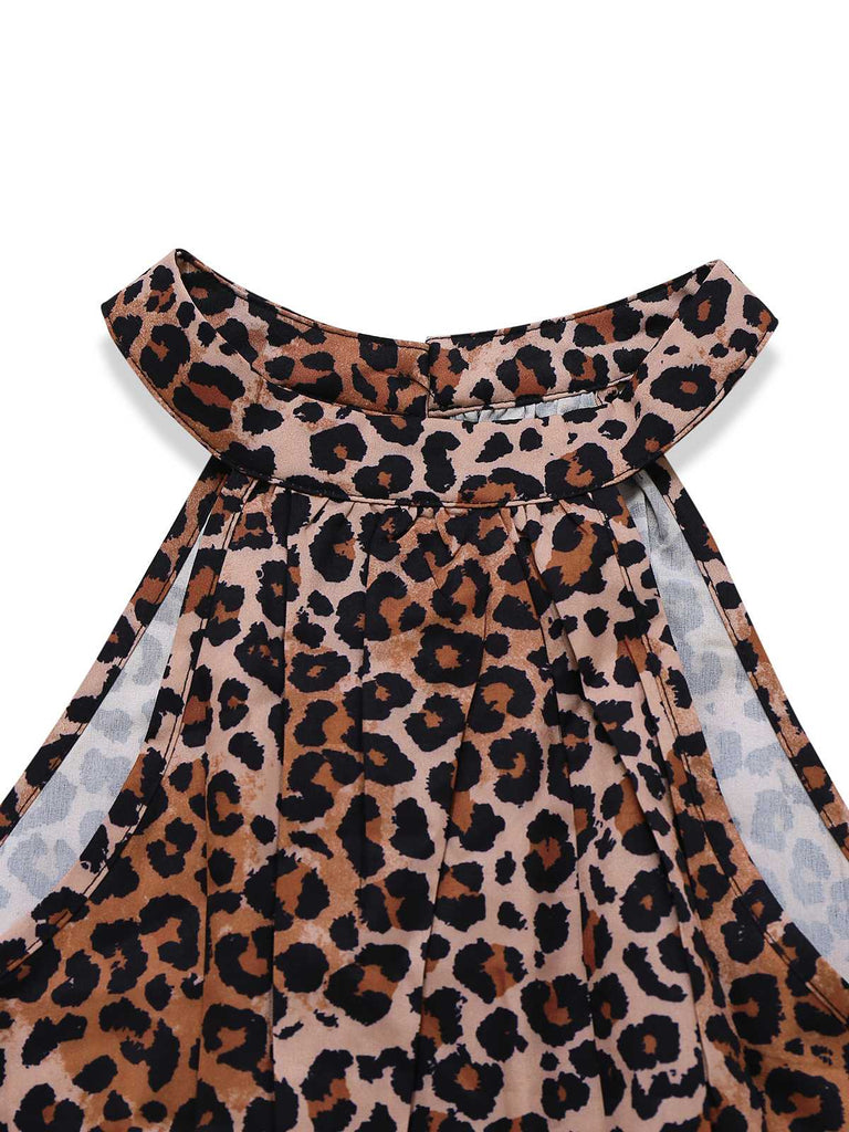 Brown 1930s Leopard Butterfly Round Halter Dress