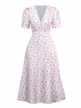 Lavender 1940s Ditsy Floral V-Neck Puff Sleeve Dress