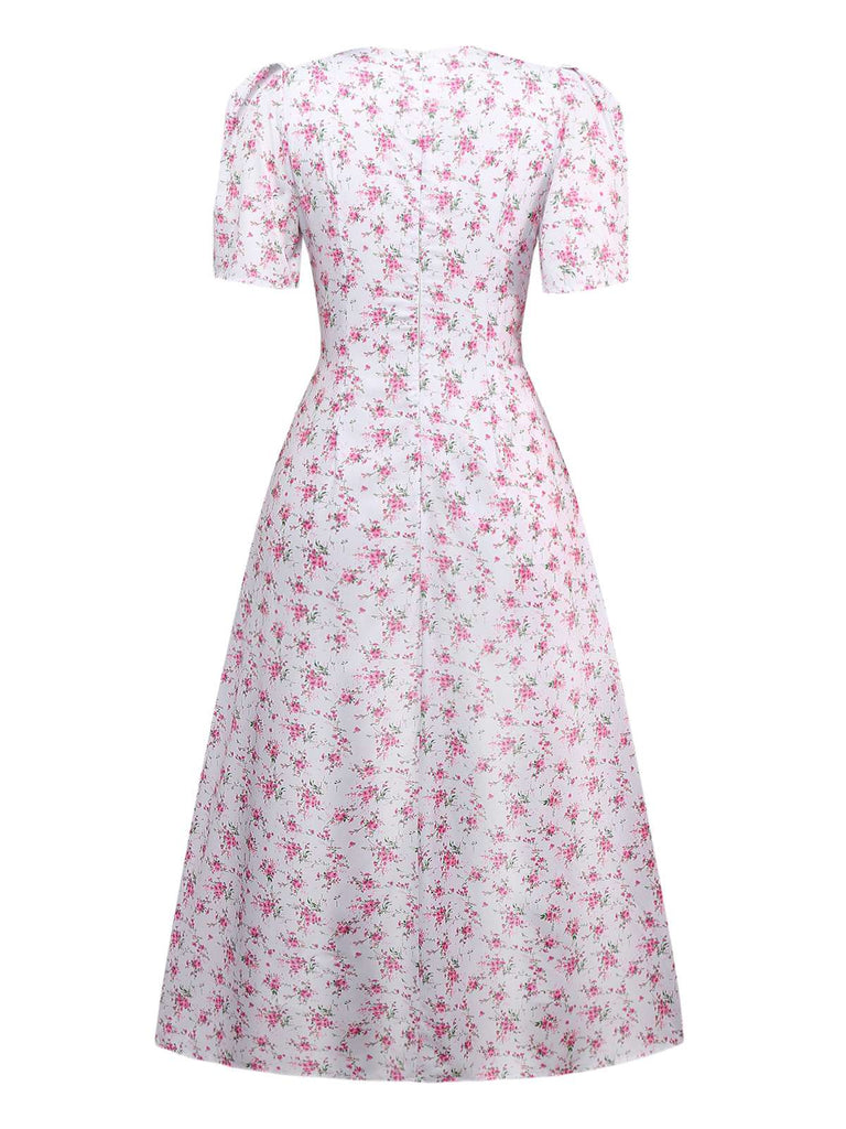 Lavender 1940s Ditsy Floral V-Neck Puff Sleeve Dress