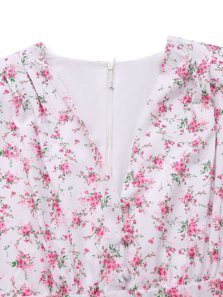 Lavender 1940s Ditsy Floral V-Neck Puff Sleeve Dress