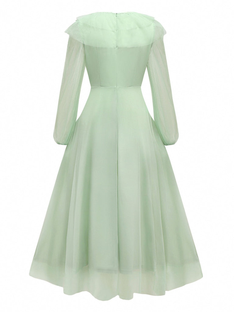 Green 1930s Solid Mesh Ruffled Illusion Sleeves Dress