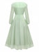 Green 1930s Solid Mesh Ruffled Illusion Sleeves Dress
