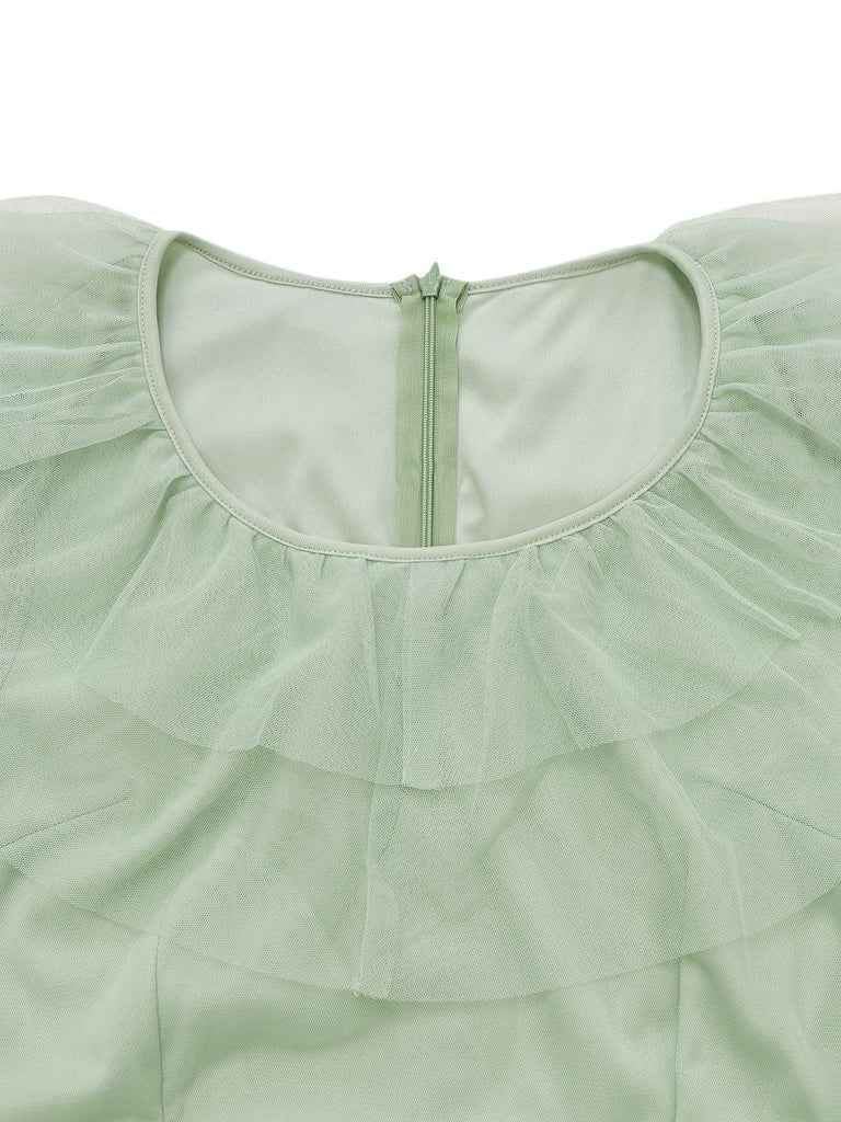 Green 1930s Solid Mesh Ruffled Illusion Sleeves Dress